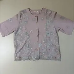 KASEN 半袖 カーディガン 花柄刺繍 パール調ボタン　日本製のサムネイル