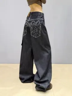 ワイドレッグジーンズ アメリカン刺繍 カジュアルスリムルーズストレートフロア丈M