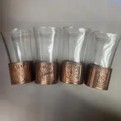 昭和レトロ ヴィンテージ 銅製ホルダー付きグラス 4客セット 中世ヨーロッパ風