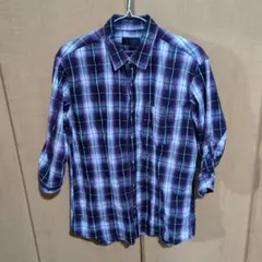 メンズ紫と白のチェック柄五分袖ネルシャツ　シワ加工