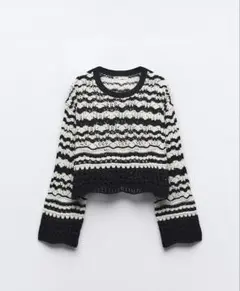 ZARA レディース　ブラックホワイトストライプ長袖ニット