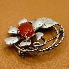ヴィンテージ ブローチ 赤カボション 花 リーフ シルバーカラー
