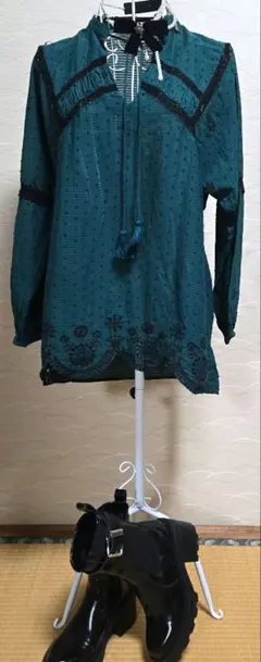 【ZARA】ザラ コットンレース 長袖ミニワンピースチュニック XS グリーン