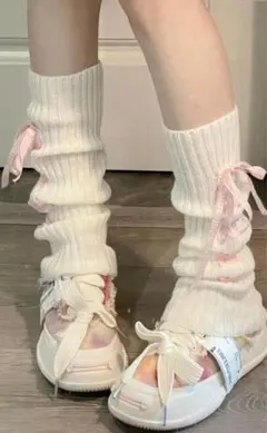 リボン付きホワイトニット レッグウォーマー