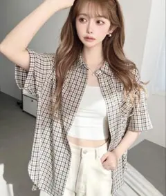 moment+ チェック柄 半袖シャツ L 사이즈