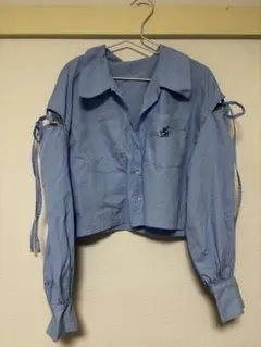 リボン付き長袖クロップドシャツ ライトブルー