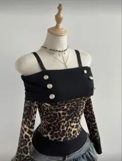 レオパード柄オフショルダー長袖トップス