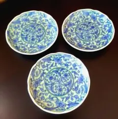 【美濃焼 龍峰窯】 緑彩唐草 銘々皿 豆皿 3寸 3枚 和食器 陶磁器 骨董品