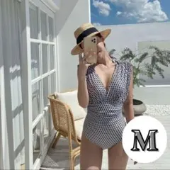 ワンピース 水着 レトロ セクシー 体型カバー 2点セット 総柄 M