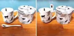 黒猫と植物デザインのマグカップとスプーンとギフトBOXの2セット販売