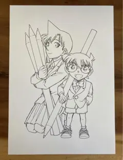 名探偵コナン　毛利蘭　江戸川コナン　大判　カード　約A4 応募品　鉛筆線画