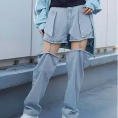 SPINNS スピンズ 2WAYセパレートブラックデニムパンツ 韓国のサムネイル
