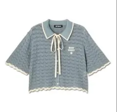 マリークヮント　レトロロゴクロッシェポロカーディガン　ブルー