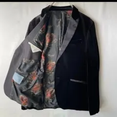 ザラ　ベロア　テーラードジャケット　裏地和柄　花柄　タキシード　黒　XL相当