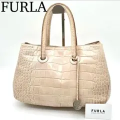 【良品】FURLA ハンドバッグ クロコ型押し フォーマル シンプル ベージュ