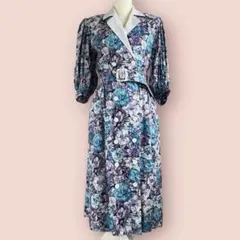 シャツワンピース 花柄 半袖 ベルト付 白襟 レトロ ヴィンテージ M-L 青