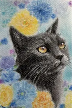 黒猫のアクリル画 イラスト アクリル絵の具 水彩画 油絵 原画 絵画
