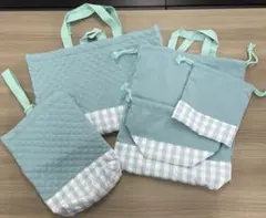 入園 入学 5点セット　グリーン×ギンガムチェック　①　レッスンバッグ　巾着袋