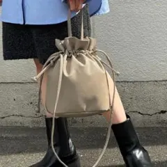 新品 2way 巾着 ショルダー バッグ モカ 韓国風 カジュアル 巾着バッグ