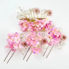 髪飾り フラワー ヘアピン コーム 4点セット ピンク
