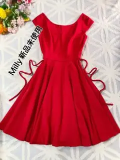 新品希少Milly ミリー フレアワンピース ドレス レッドウエストリボンのサムネイル