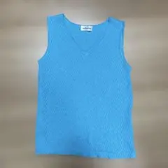 ブルー　Vネック ノースリーブ ニットベスト　L