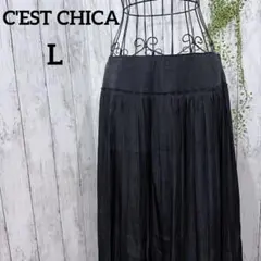 セシカ プリーツスカート L ロング 膝丈 光沢 ブラック ウエストゴム