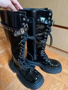 ブラック パテント レースアップ ロングブーツ 厚底のサムネイル