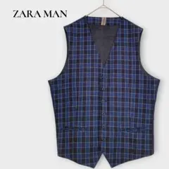 ザラマン ZARA ベスト チェック Vネック M ブルーのサムネイル