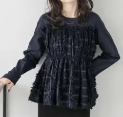 sugarbisket ペプラムドッキング長袖トップス　ジャガード生地　ネイビー