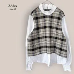 ザラZARA✨美品✨切り替えブラウス　レイヤード　重ね着風　チェック　襟フリルのサムネイル