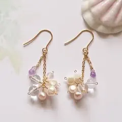 天然石ピアス 淡水パール 水晶