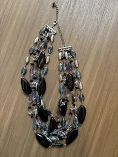 【ボリューム感】多連 ビーズネックレス（ブラック×シルバー×クリアパープル）