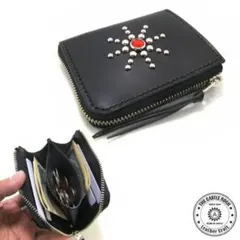 栃木レザー 本革 ミニ財布 L字ファスナー 黒 スタッズ ステッチ コンパクト
