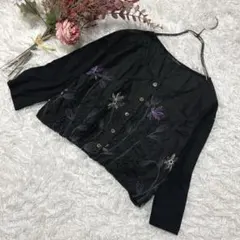 【極美品】刺繍ブラウス カーディガン アコーレ 花柄 冠婚葬祭 黒 レフルイ/M