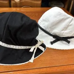 帽子 バケットハット リボン付き 白&黒セット コットン レディース