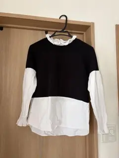 ZARA フリル襟の黒白2トーン長袖トップス