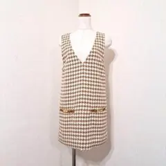 ロペピクニック　Vネックジャンパースカート　千鳥格子　キャメル　キレイめ【38】