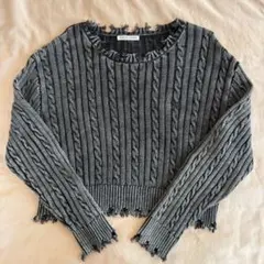 グレー ケーブル編み ショート丈 ニット トップス