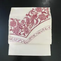 名古屋帯 クリーム色 赤花柄刺繍