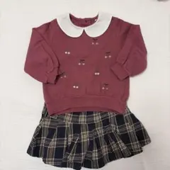 ワインレッド トレーナー チェック柄スカート セット