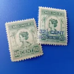 外国切手 オランダ領東インド 1913年顷 ヴィルヘルミナ女王 加刷含2種
