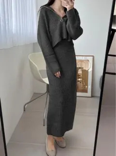 GRL ジップニットトップスXサイドスリットスカートニットセットアップ　ブラック