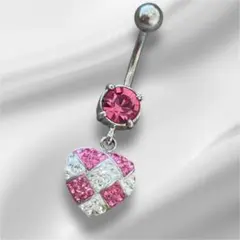 14G へそピアス ハート型 市松模様 クリスタル＆ライトローズ