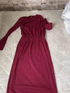 INGNIリブ編みバーガンディ長袖ワンピース