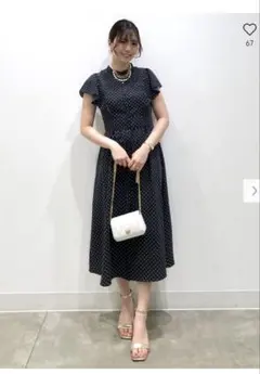 【美品】GU ドット柄フリル袖ロングワンピース ネイビー