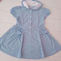 子供用♡水色チェック姫系半袖ワンピース〜130