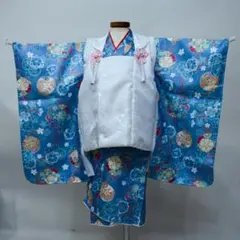 七五三 三歳 女児 被布着物フルセット 青色×白色 お仕立て無料 NO0025