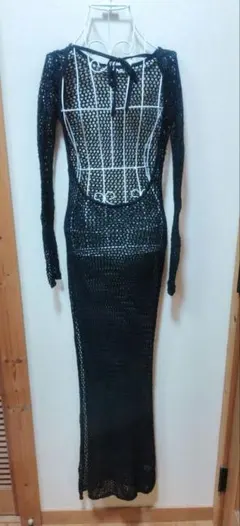 【フロントオープン】右スリット フィッシュネット マキシワンピース（Lサイズ）