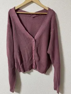 リブ編み Vネックカーディガン Mサイズ パープル